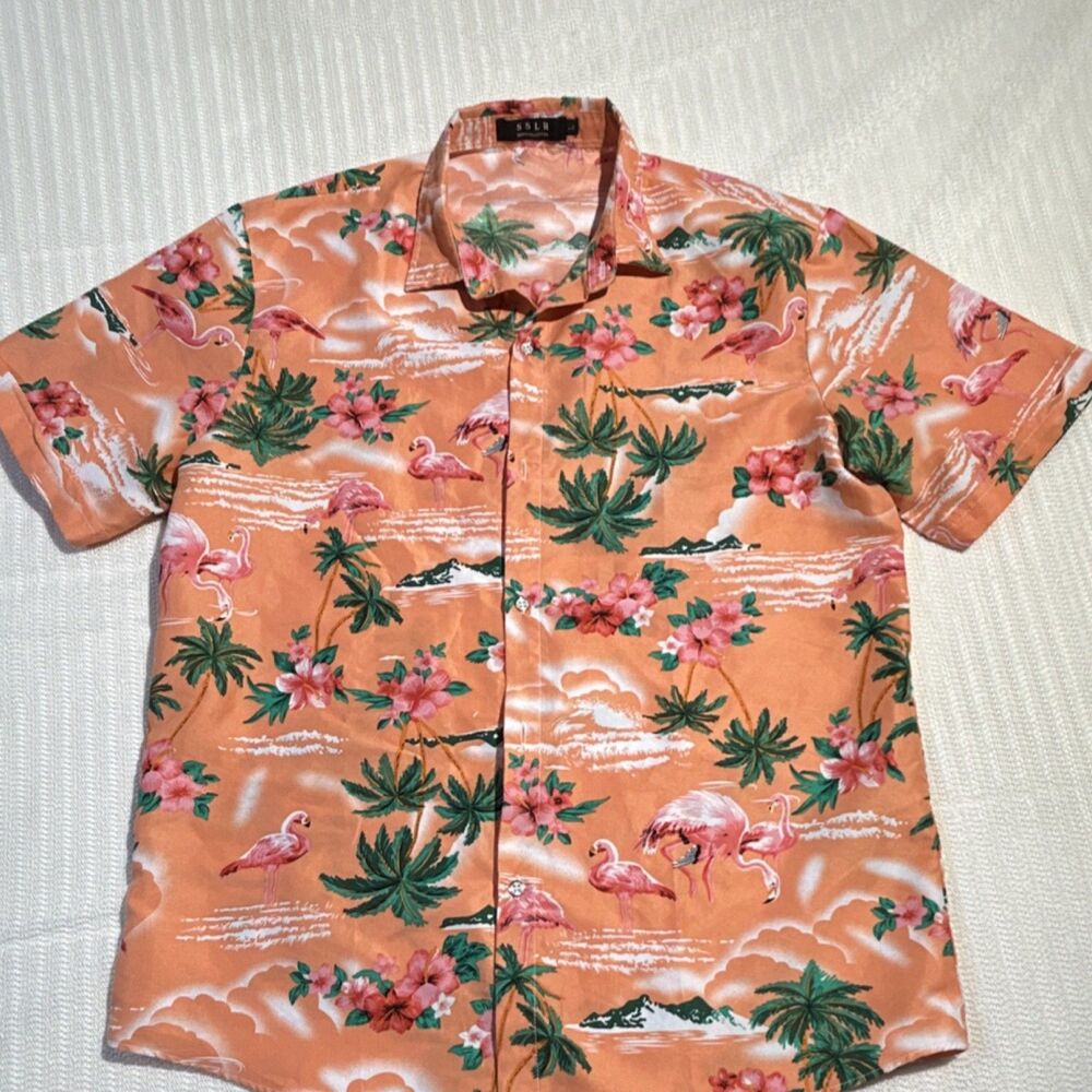 SSLR Hawaiian Flamingo Floral Button-Up Shirt Orange Short Sleeve Men's L